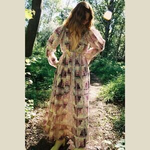 SEA NY Maxi Dress Patchwork Floral Naya Cutout‎ Long Sleeve Pleated Purple XS
